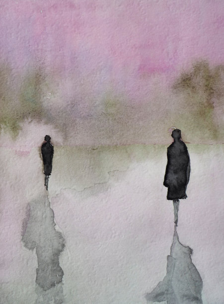 两个女性人物在黎明的背景，水彩画图片下载