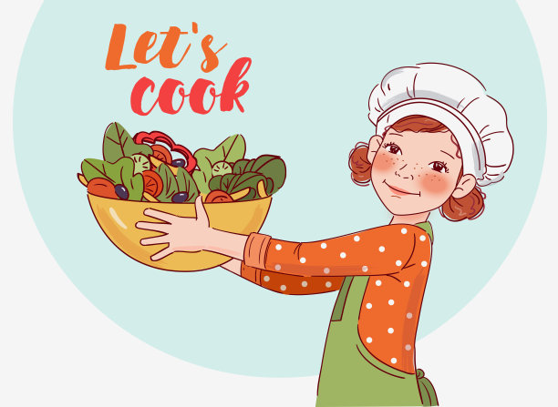 可爱的女孩在厨房做沙拉图片下载