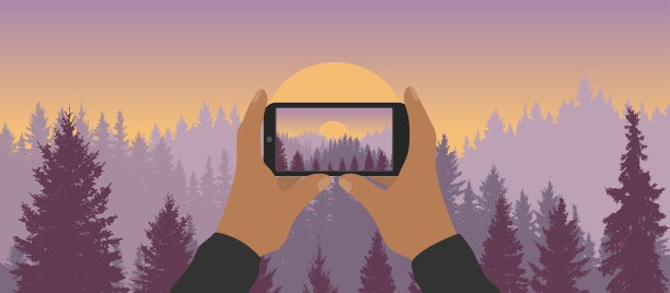 男子双手拿着手机，拍摄森林和日出的剪影。矢量图图片下载