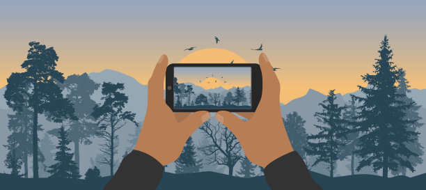 男人的双手拿着手机，拍摄针叶林和山脉，日出和飞翔的鸟。矢量插图。图片下载