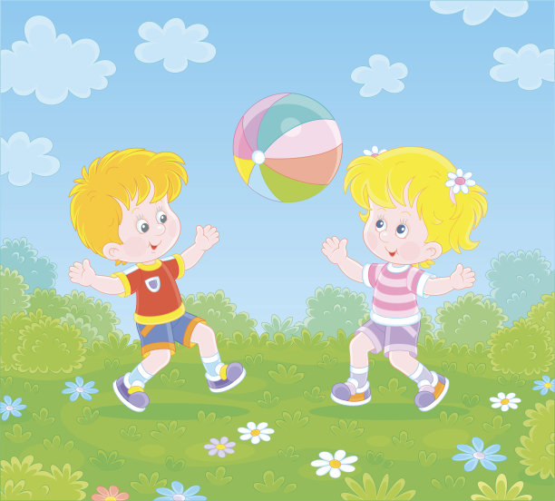 快乐的小孩子在玩一个彩色的大球图片下载