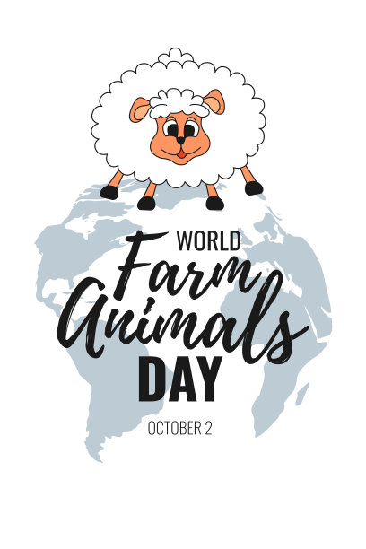 世界农场动物日庆祝10月2日。快乐可爱的卡通绵羊在地球上的地球。概念设计海报，横幅，卡片，明信片。矢量图图片下载