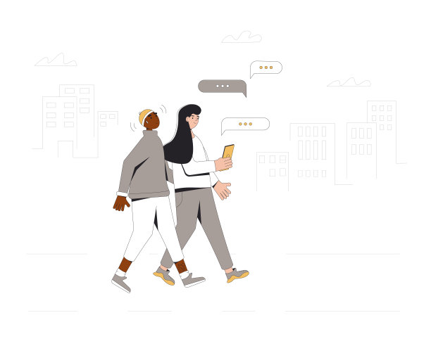 两个青少年一起走在街上。青年男女朋友穿着休闲装，带着电话和耳机。对。矢量插图。图片下载