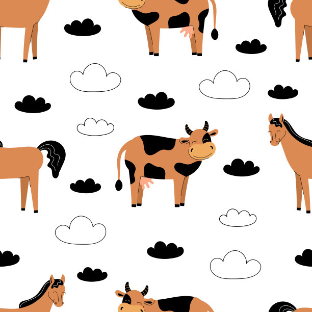 无缝图案与可爱的农场动物在一个白色的背景。牛和马。平面向量插图图片下载