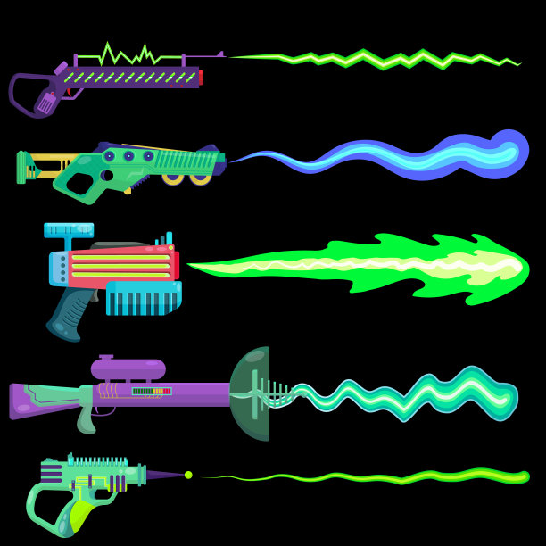 矢量插图的爆破者射击一束。外星武器的概念图。等离子体。为孩子们准备的五颜六色的不寻常的武器。在电脑游戏的黑色背景上的物体。图片下载