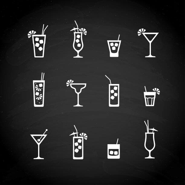 黑色黑板上的白色鸡尾酒图标矢量素材图片下载