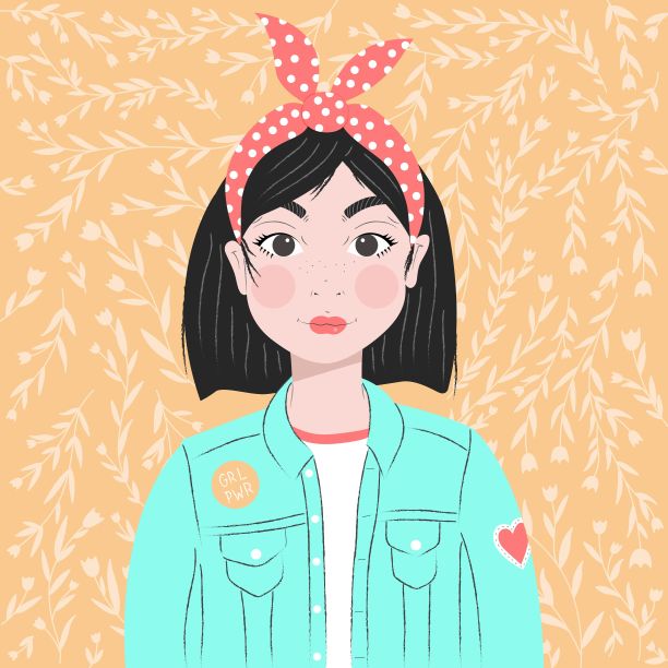 一个女孩的肖像与深色头发和发带，在牛仔夹克，在黄色的背景与野花，平面矢量插图图片下载