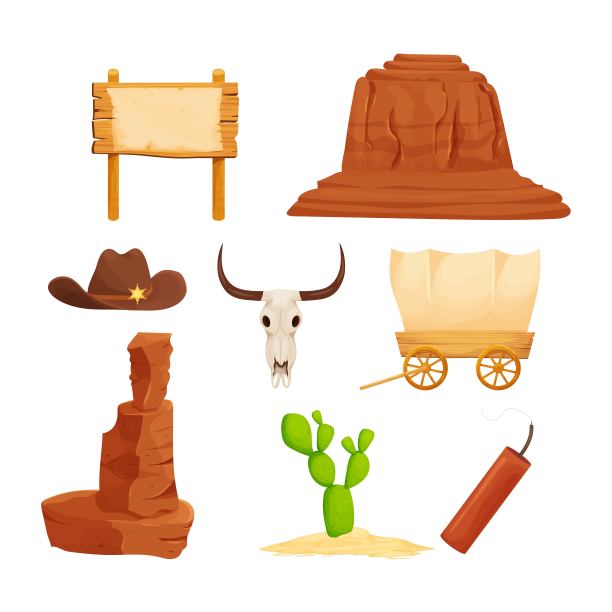狂野西部，西部收集卡通风格孤立在白色背景。复古马车，木桨上的旗帜，牛仔帽上有星星，亚利桑那州的甜点石，轮子图片下载