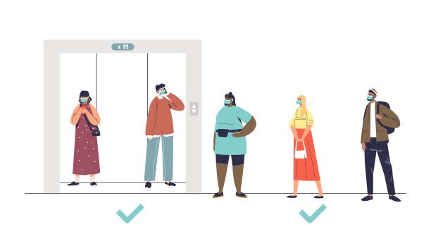 covid-19疫情中，人们等待电梯。新常态与社会距离概念图片下载
