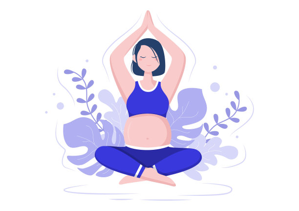 孕妇瑜伽：放松、冥想和平衡练习的扁平设计矢量插画图片下载