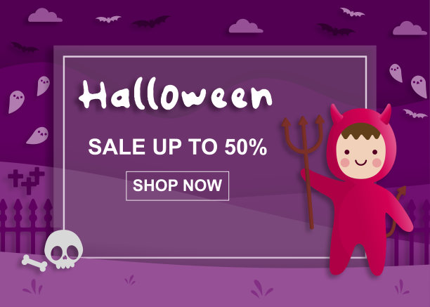 快乐万圣节派对上出售的纸艺术风格与孩子穿着红色魔鬼的服装。贺卡、海报和墙纸。矢量插图。图片下载