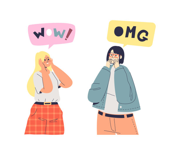 兴奋的年轻女孩和震惊的wow和omg的反应。惊奇惊奇的卡通女性角色图片下载