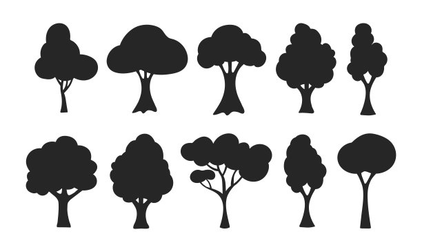 向量集图标与黑色树的轮廓孤立在白色的背景图片下载