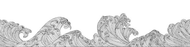 线条艺术设计波、山、现代手绘矢量背景、金墨图案。极简主义的亚洲风格。图片下载