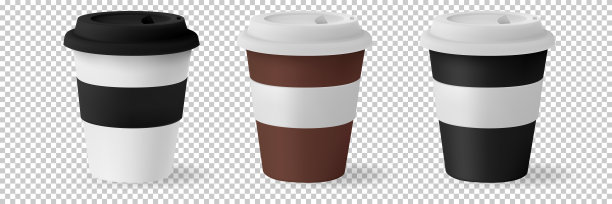 商业纸杯热咖啡模型与黑盖隔离在白色背景。白色空白，大、中、小外卖纸。图片下载
