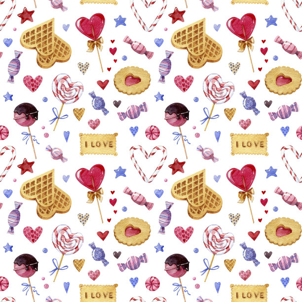 情人节水彩甜点无缝图案图片下载