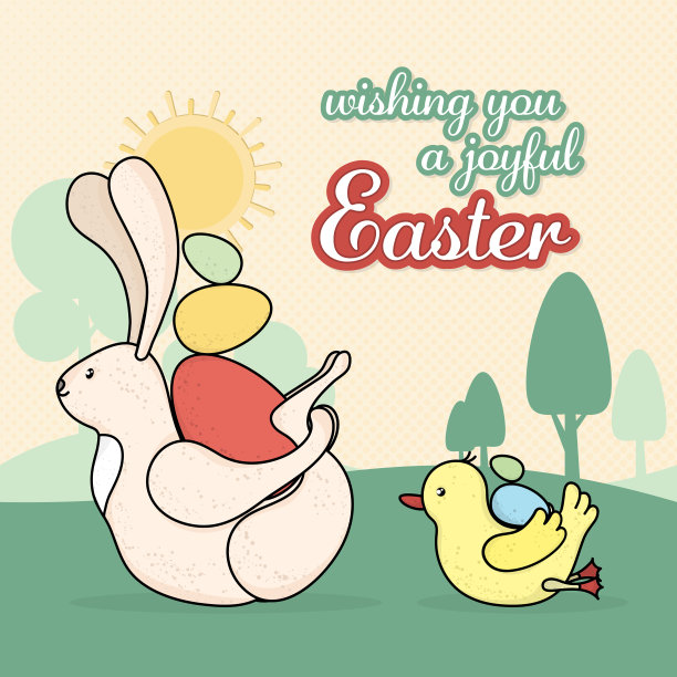 复活节兔子和小鸭子在瑜伽姿势拿着彩蛋。复活节节日的标志，贺卡，贴纸和家庭装饰项目。图片下载