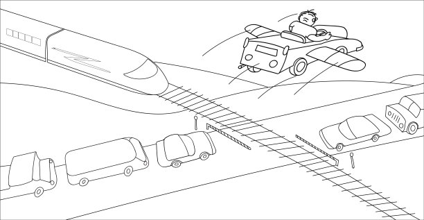 想象中的人乘飞机克服了铁路道口的交通堵塞。单色插图图片下载