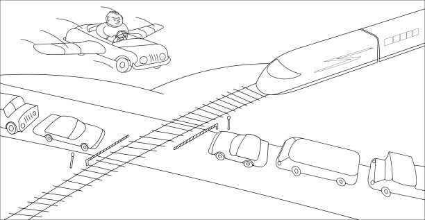 想象中的人克服了铁路道口的大堵车。单色插图图片下载