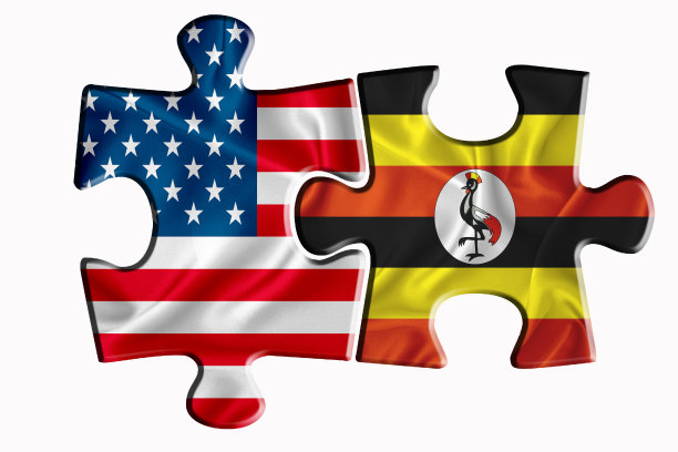 乌干达国旗和美利坚合众国国旗在白色孤立的背景上的两个拼图块上。政治关系的概念。三维渲染图片下载
