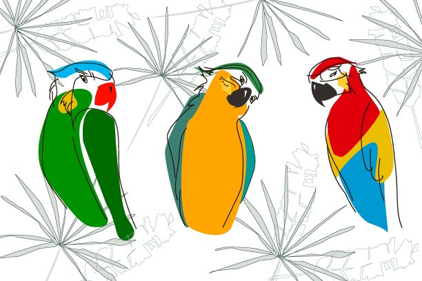 三只彩色的鹦鹉在热带树叶的背景上图片下载