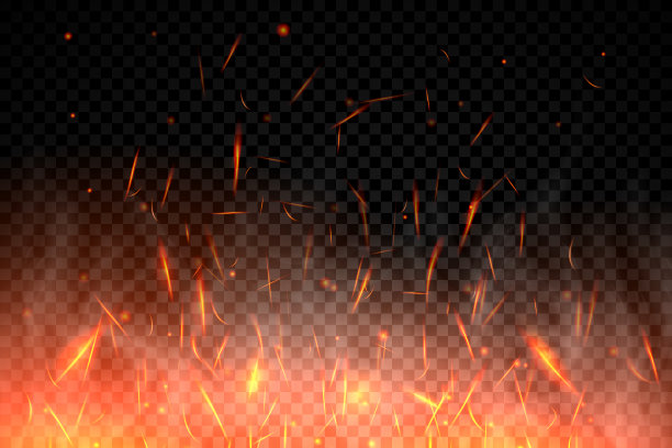 真实的火火花背景上的透明背景。燃烧的热火花效果与灰烬燃烧的煤渣和烟雾在空气中飞舞。热效应与辉光和火花从篝火。向量图片下载