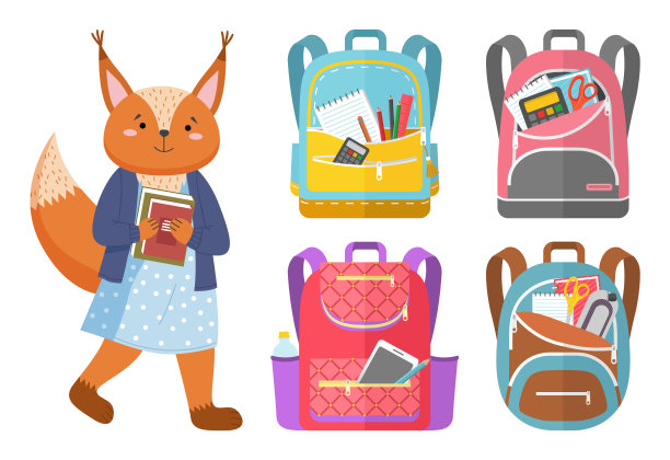 回到学校的概念，彩色矢量横幅与女学生狐狸学生和明亮的书包图片下载