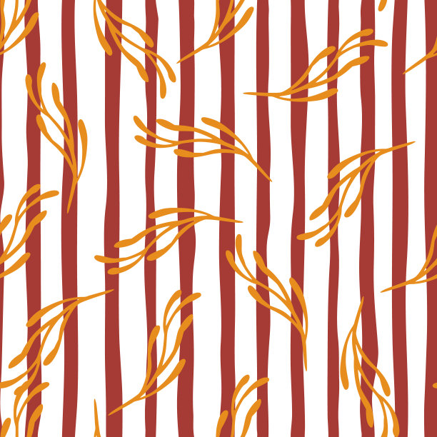 装饰无缝图案与随机橙色分支印花。红白条纹背景。图片下载