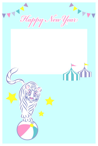 新年贺卡与照片空间的马戏团的老虎是骑球加兰帐篷插图矢量新年贺卡与照片空间。一只马戏团的老虎正在骑球。花环。帐篷。插图。向量。图片下载