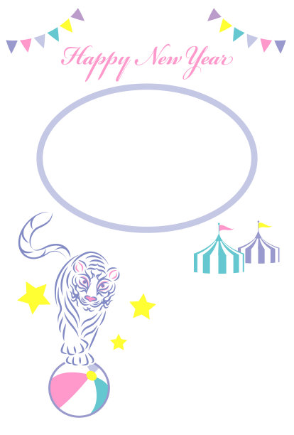 新年贺卡与照片空间的马戏团的老虎是骑球加兰帐篷插图矢量新年贺卡与照片空间。一只马戏团的老虎正在骑球。花环。帐篷。插图。向量。图片下载