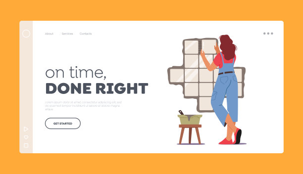 建筑工程，家居装修服务登陆页面模板。在浴室安装瓷砖的工人角色图片下载