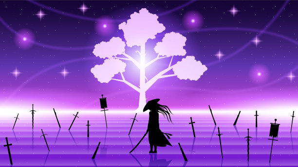 黑暗的背景忍者树人剪影在战场水人夜晚矢量设计风格图片下载