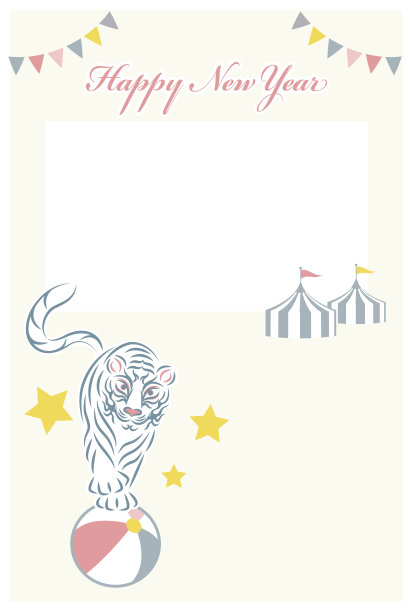 马戏团的老虎骑着球，花环帐篷插图向量新年贺卡与照片空间。一只马戏团的老虎骑在球上。花环。帐篷。插图。向量。图片下载