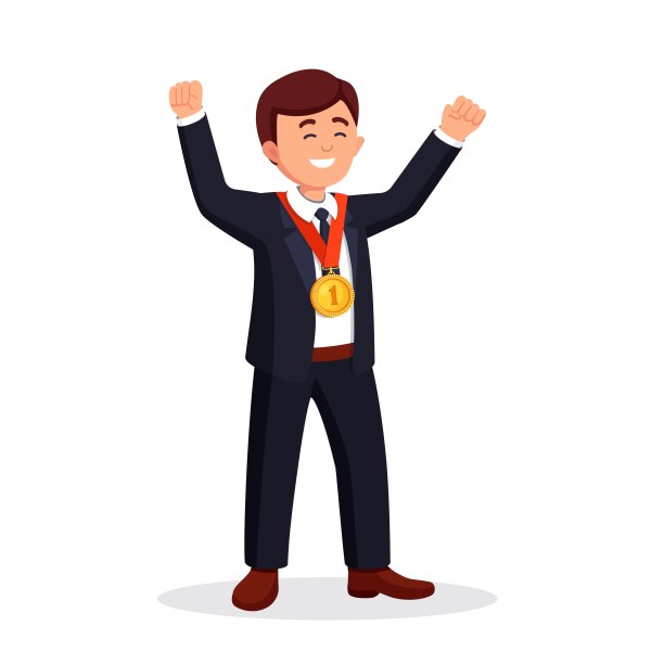 商人拿着金牌向观众挥手。成功的快乐的人。矢量图图片下载