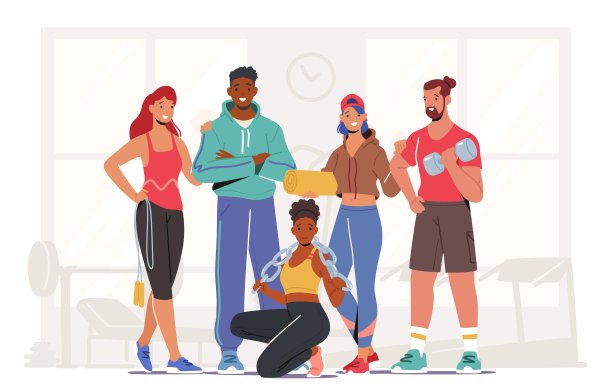 快乐的男女角色穿着运动服和运动鞋站在一起的体育器材图片下载