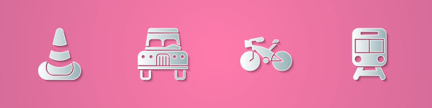 设置剪纸交通锥，汽车，自行车和火车和铁路图标。纸艺术风格。向量图片下载