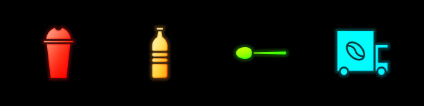 设置奶昔，瓶装水，勺子和咖啡街道卡车机器图标。向量图片下载
