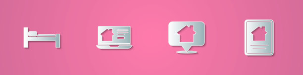 设置剪纸床，在线房地产房子，位置和图标。纸艺术风格。向量图片下载