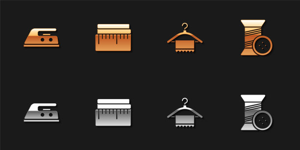 设置电熨斗，卷尺，衣架衣柜和缝纫线和按钮图标。向量图片下载