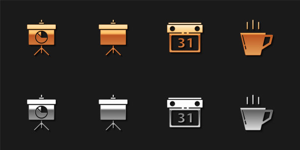 设置黑板与图表，日历和咖啡杯图标。向量图片下载