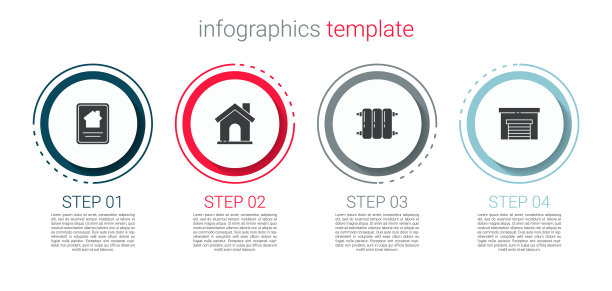 设置在线房产、住宅、暖气片、车库。业务信息模板。向量图片下载