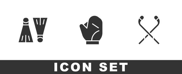 设置橡胶鳍游泳，棒球手套和冰上曲棍球棒的图标。向量图片下载