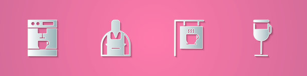 设置剪纸咖啡机，咖啡师，街道招牌咖啡和爱尔兰图标。纸艺术风格。向量图片下载