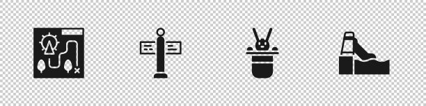 设置游乐园地图，道路交通路标，魔术师帽子和兔子和水滑梯图标。向量图片下载