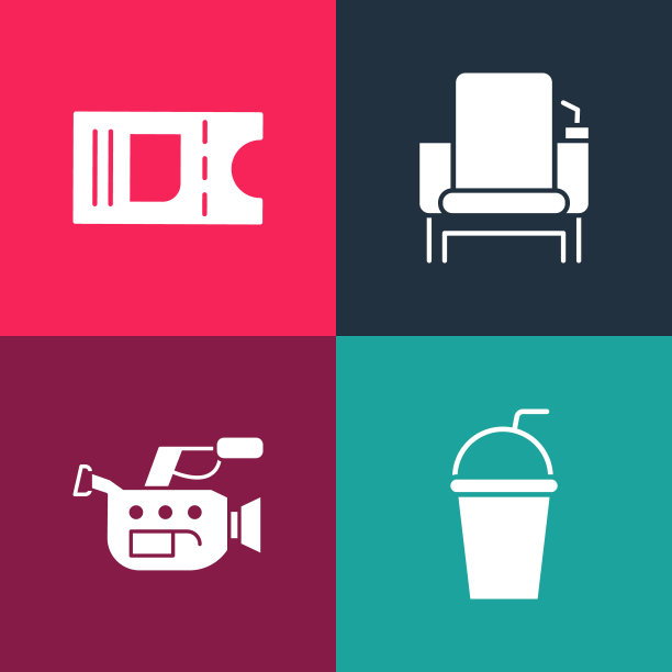 设置波普艺术纸玻璃与稻草，电影摄像机，椅子和票图标。向量图片下载