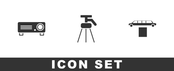 设置电影，电影，媒体投影仪，三脚架和豪华轿车和地毯图标。向量图片下载