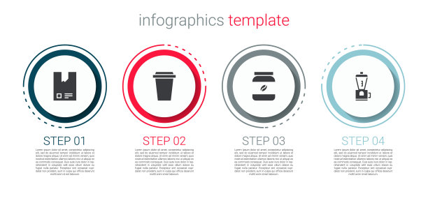 集袋装咖啡豆，咖啡杯外带，瓶子和电动研磨机。业务信息模板。向量图片下载