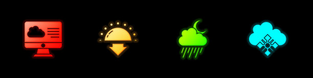 设置天气预报，日落，云与雨和月亮和雪图标。向量图片下载