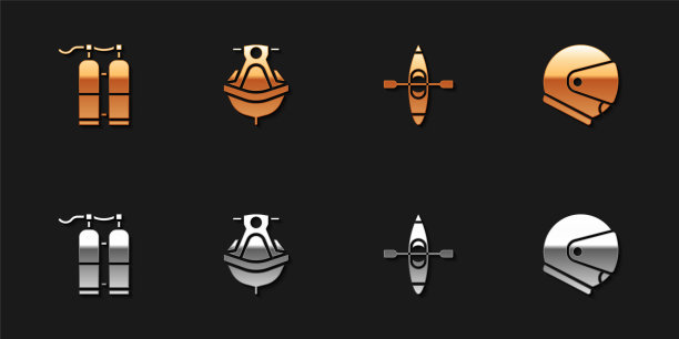 设置水，水上摩托，皮划艇或独木舟和头盔图标。向量图片下载