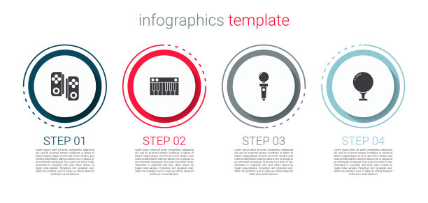 设置手柄，音乐合成器，游戏机操纵杆和高尔夫球在tee。业务信息模板。向量图片下载